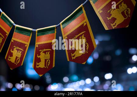 Eine Girlande Sri Lankas Nationalflaggen auf abstraktem, verschwommenem Hintergrund. Stockfoto