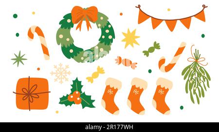 Weihnachtsartikel-Set. Handgezeichnete Vektordarstellung. Stock Vektor