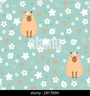 Nahtlos lustiges Wasserschwein mit Blumen. Meerschweinchen-Druck Stock Vektor