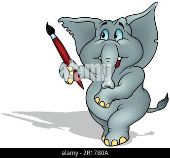 Grauer lächelnder Elefant mit rotem Pinsel Stock Vektor