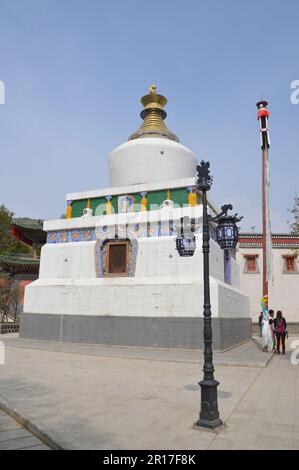 Volksrepublik China, Xining: Ein verehrter Cheedi im Kumbum-Kloster. Stockfoto