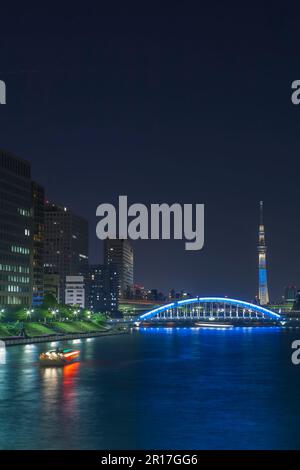 Sumida River Night Scene / Tokyoskytree und Kreuzfahrtfähren und Eitaibashi Bridge Stockfoto