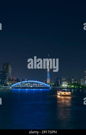 Sumida River Night Scene / Tokyoskytree und Kreuzfahrtfähren und Eitaibashi Bridge Stockfoto