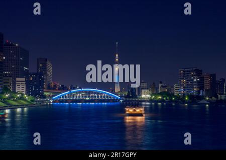 Sumida River Night Scene / Tokyoskytree und Kreuzfahrtfähren und Eitaibashi Bridge Stockfoto