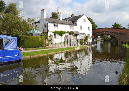 England, Cheshire, Lymm: Schmales Boot auf dem Bridgewater Kanal. Stockfoto