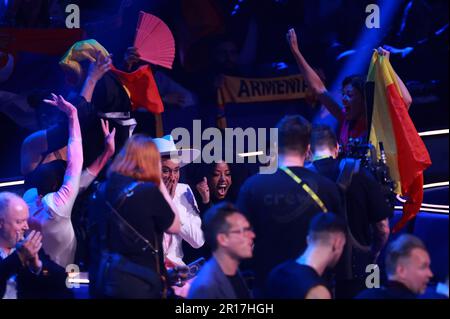 Liverpool, Großbritannien. 11. Mai 2023. Gustaph aus Belgien feiert am 11. Mai 2023 das Halbfinale 2 der Eurovision 2023 in der Liverpool Arena in Liverpool, England. Foto: Sanjin Strukic/PIXSELL Credit: Pixsell/Alamy Live News Stockfoto