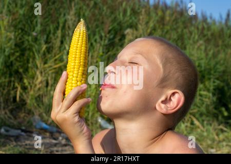 Der Junge hält sich vor den Mais und lacht Stockfoto