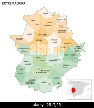 Verwaltungskarte der Regionen der spanischen Autonomen Gemeinschaft Extremadura Stockfoto