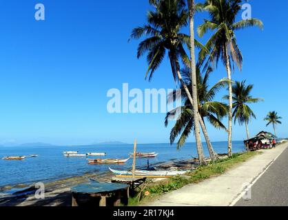 Philippinen, Samar Island, Calbayog: Die Küste mit Fischerbooten und Palmen südlich von Calbayog City. Benachbarte Inseln sind auf t zu sehen Stockfoto