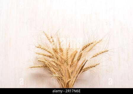 Weizenohren auf weißem Holzhintergrund, Kopierbereich. Neue Ernte und jüdisches Feiertagskonzept Shavuot. Stockfoto