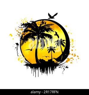 Sonnenstrand Logo-Design, Sonnenuntergang mit Insel Logo Vektordarstellung Stock Vektor