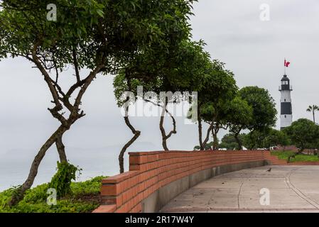 Eine Reihe von Bäumen und der Miraflores Lighthouse am Ende Stockfoto