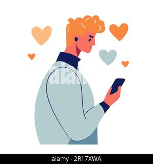 Der Mann benutzt eine Smartphone-Dating-App. Das Online-Konzept „Find love“. Die moderne Jugend sucht ein Paar. Soziale Netzwerke. Virtuelle Beziehungen Stock Vektor
