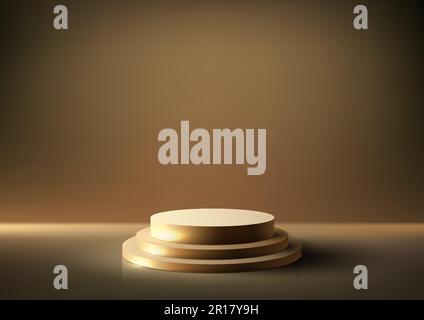 3D realistischer, luxuriöser, goldener Podiumständer mit Lichteffekt für Stufen auf dunklem Hintergrund. Du kannst es für Schönheitskosmetik-Präsentationen verwenden, für Vorführungen Stock Vektor