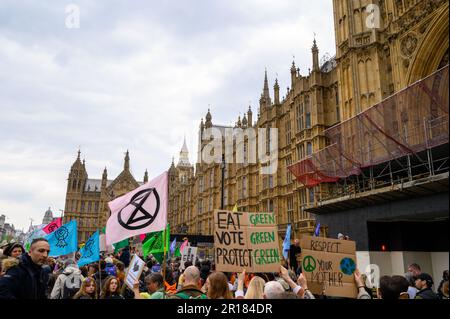 LONDON - 22. April 2023: Schließen Sie sich dem dynamischen Aktivismus an, der in Bewegung ist, während sich die Rebellion-Demonstranten auf den Weg zu den Parlamentsgebäuden machen, ihren Stockfoto