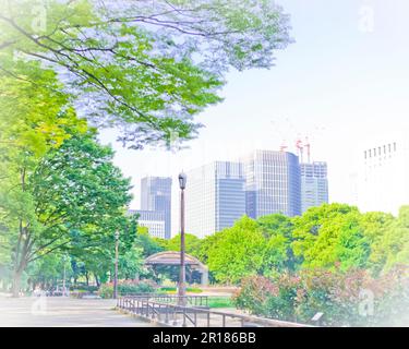 Hibiya Park und eine Gruppe von Gebäuden in Marunouchi Stockfoto