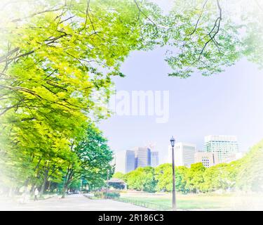 Hibiya Park und eine Gruppe von Gebäuden in Marunouchi Stockfoto