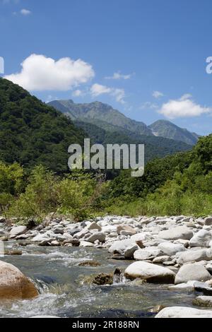 Blick auf Mt. Tanigawadake vom Yuhisogawa-Fluss Stockfoto