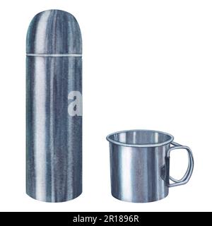 Aquarelle Darstellung von Tasse und Thermoskanne aus Metall zum Campen auf weißem Hintergrund. Stahlbecher und Reisetasse. Handgezeichnet. Stockfoto