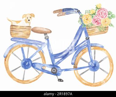 Von Hand gezogenes blaues Fahrrad in Aquarellfarben mit Blumen und niedlicher Hundezeichnung, Transportklipart Stockfoto