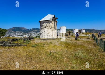 Alte Windmühlen und sonniges Wetter in Bodrum, Urlaubsziel, Türkei, Ägäis, Stockfoto