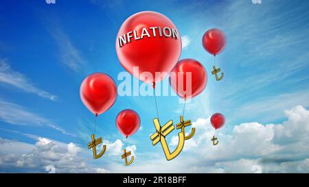 Rote Luftballons fliegen mit gebunden Türkische Lira Symbol. 3D-Darstellung. Stockfoto