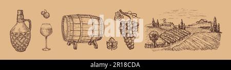 Vektorbildner Für Weinberge. Handgezeichnetes Weinglas, Fassfass, Traubenzweig, Wickerflasche und Landschaftsgravierung von Landschaftsweinen auf Bauernhöfen Stock Vektor