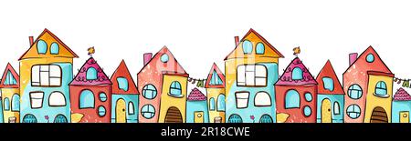 Nahtloses Vektormuster mit lustigen handgezeichneten Häusern, farbenfroher Hintergrund für Kinder, ideal für Banner und Tapeten. Stock Vektor