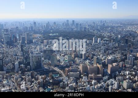 Bahnhof Ochanomizu und Bahnhof Shin-Ochanomizu, Luftaufnahme aus dem Nordosten des Kaiserpalastes, Roppongi Gegend Stockfoto