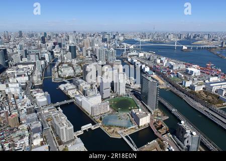 Tennozu Isle Station Luftaufnahme von der Südseite Shibaura, Regenbogen, Metropolregion Stockfoto