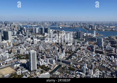 Shinbaba Station Luftaufnahme aus Südwesten Tennozu, Skytree, Odaiba Gegend Stockfoto