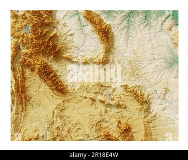 Der US-Bundesstaat Wyoming. Sehr detailliertes 3D-Rendering schattierter Reliefkarten mit Flüssen und Seen. Farbig nach Höhe. Erstellt mit Satellitendaten. Stockfoto