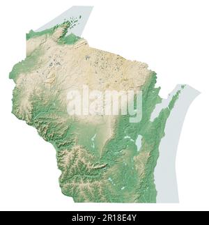 Der US-Bundesstaat Wisconsin. Sehr detailliertes 3D-Rendering schattierter Reliefkarten mit Flüssen und Seen. Farbig nach Höhe. Erstellt mit Satellitendaten. Stockfoto