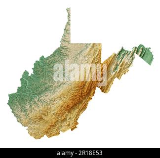 Der US-Bundesstaat West Virginia. Detailliertes 3D-Rendering von schattierten Reliefkarten mit Flüssen und Seen. Farbig nach Höhe. Erstellt mit Satellitendaten. Stockfoto