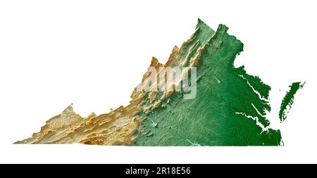 Der US-Bundesstaat Virginia. Sehr detailliertes 3D-Rendering schattierter Reliefkarten mit Flüssen und Seen. Farbig nach Höhe. Erstellt mit Satellitendaten. Stockfoto