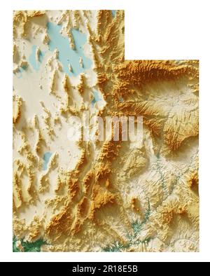 Der US-Bundesstaat Utah. Sehr detailliertes 3D-Rendering schattierter Reliefkarten mit Flüssen und Seen. Farbig nach Höhe. Erstellt mit Satellitendaten. Stockfoto