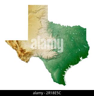 Der US-Bundesstaat Texas. Sehr detailliertes 3D-Rendering schattierter Reliefkarten mit Flüssen und Seen. Farbig nach Höhe. Erstellt mit Satellitendaten. Stockfoto