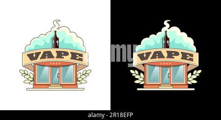 Retro-Logo-Set im Vape-Shop-Stil. Hipster-Verdampfer mit Rauchwolke und Schriftzug. Elektronisches Zigarettengeschäft mit altem Logo. E-Zigarettendämpfe Vektordesign-Vorlage für Verkäuferabzeichen Stock Vektor