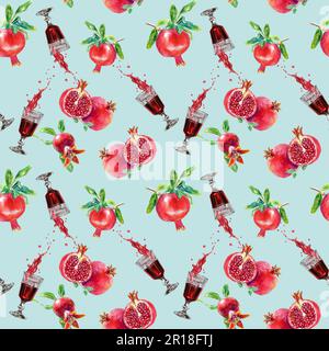 Nahtloses Muster mit Aquarell-Illustrationen von Früchten und Granatapfelsaft auf blauem Hintergrund. Design von Verpackungspapier, Lebensmitteln und Kosmetikprodukten Stockfoto