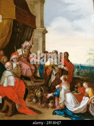 König Salomon empfängt die Königin von Sheba, gemalt in Öl auf der Tafel von Frans Francken dem Jüngeren, 1620-1629 Stockfoto