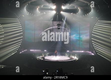 Italien nimmt Marco Mengoni bei der Generalprobe für das Finale des Eurovision Song Contest in der M&S Bank Arena in Liverpool Teil. Foto: Freitag, 12. Mai 2023. Stockfoto