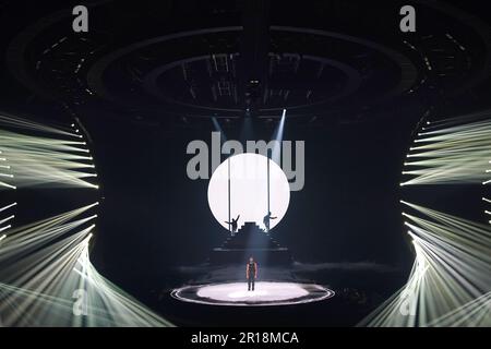 Italien nimmt Marco Mengoni bei der Generalprobe für das Finale des Eurovision Song Contest in der M&S Bank Arena in Liverpool Teil. Foto: Freitag, 12. Mai 2023. Stockfoto