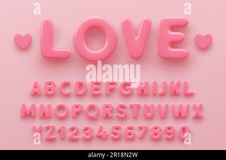 3D Rosa Alphabet mit Zahlen mit glänzender Oberfläche auf pinkfarbenem Hintergrund . Stock Vektor
