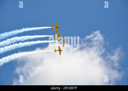 Vier gelbe Flugzeuge auf einer Flugschau mit Rauch am bewölkten Himmel Stockfoto