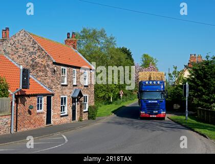 LKW mit Heuballen im Dorf Welwick, East yorkshire, England, Großbritannien Stockfoto