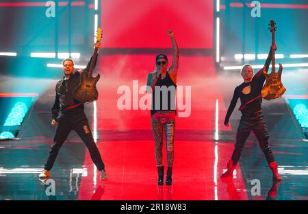 Der deutsche Kandidat Lord of the Lost während der Generalprobe für das Finale des Eurovision Song Contest in der M&S Bank Arena in Liverpool. Foto: Freitag, 12. Mai 2023. Stockfoto