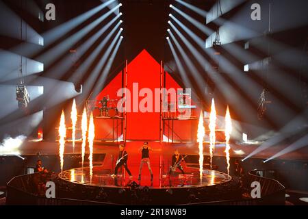 Der deutsche Kandidat Lord of the Lost während der Generalprobe für das Finale des Eurovision Song Contest in der M&S Bank Arena in Liverpool. Foto: Freitag, 12. Mai 2023. Stockfoto