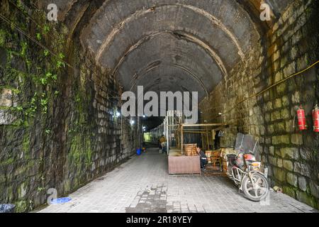 CHONGQING, CHINA - 8. MAI 2023 - das am 8. Mai 2023 aufgenommene Video zeigt einen Lebensmittelmarkt in einem verlassenen Eisenbahntunnel in Chongqing, China. In diesem hundert Meter langen Tunnel sind mehr als 20 Stände nacheinander angeordnet. Die Verkaufsstände sind in feste Verkaufsstände und provisorische Verkaufsstände unterteilt, und die festen Verkaufsstände sind in Fleischbereiche und Bereiche für Wasserprodukte unterteilt. Es wird davon ausgegangen, dass der Tunnel Teil der ehemaligen Eisenbahnlinie des Spezialstahlwerks Chongqing ist, die eine Tunnellänge von etwa 150 Metern hat. Nach dem Bankrott des Spezialstahlwerks Chongqing wurden die einst befahrenen Tunnel allmählich still, A Stockfoto