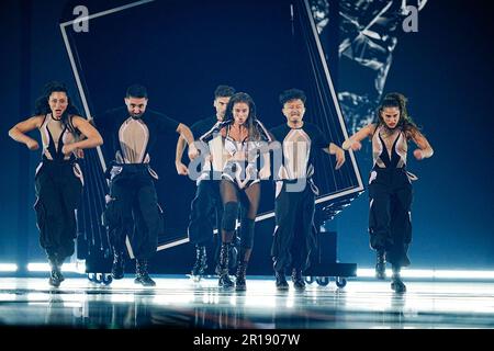 Noa Kirel von Israel während der Generalprobe für das Finale des Eurovision Song Contest in der M&S Bank Arena in Liverpool. Foto: Freitag, 12. Mai 2023. Stockfoto