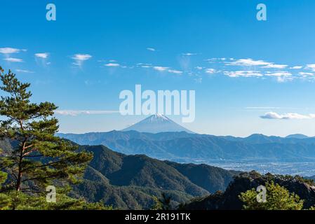 Berg Fuji, Kiefernwälder im Vordergrund, blauer Himmel und weiße Wolken im Hintergrund. Shosenkyo-Beobachtungsstation, Kofu, Präfektur Yamanashi, Japan Stockfoto